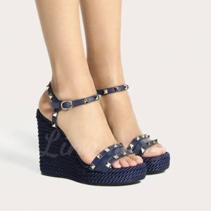 VALENTINO GARAVANI Calfskin Rockstud Torchon Wedge Espadrille Sandal siz…